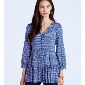 ANTHROPOLOGIE MAEVE Blue & White Tiered Button Tunic‎ Top Large